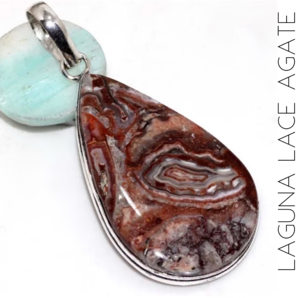 Unique Laguna Lace Agate Gemstone Pendant Necklace in 925 Silver